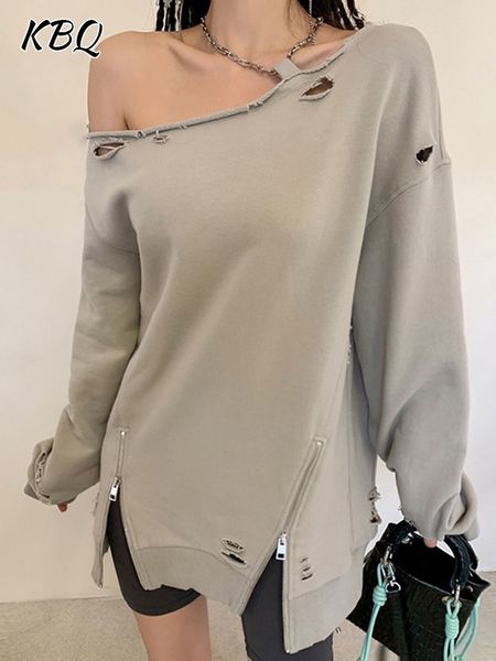 

women's hoodies sweatshirts kbq spliced zipper cut out distressed sweatshirt for women halter long sleeve patchwork chain streetwear fe, Black