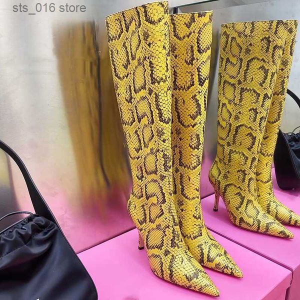 

boots fashion high-heeled boots pointed head snake pattern back zipper knee high boots fashion show women's boots winter t230824, Black
