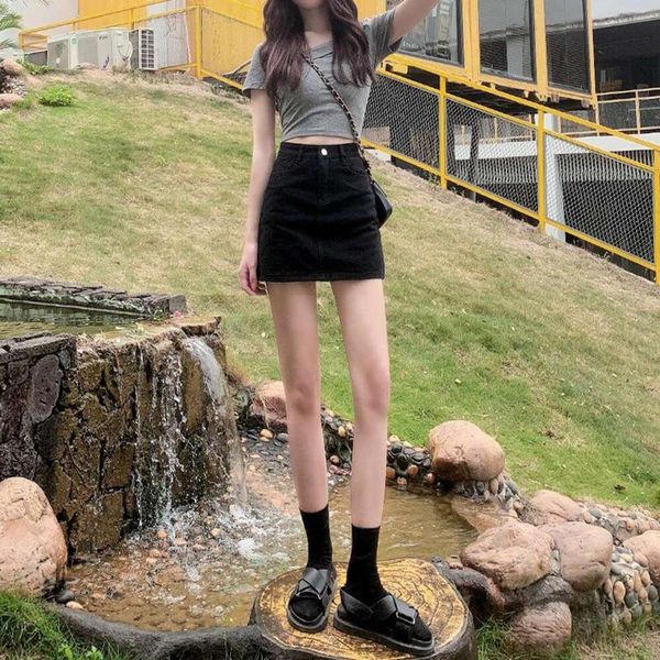 

pure color denim skirt girl ins trend design a line short, Black