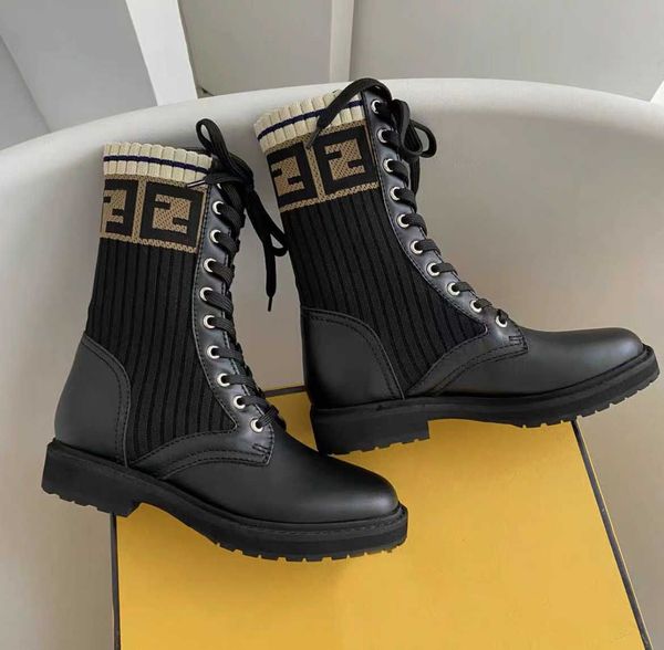 

designer boots womens boots lace up elastic wool boots women fashion short boots martin boots letter knitted high socks boots zipper leather, Black