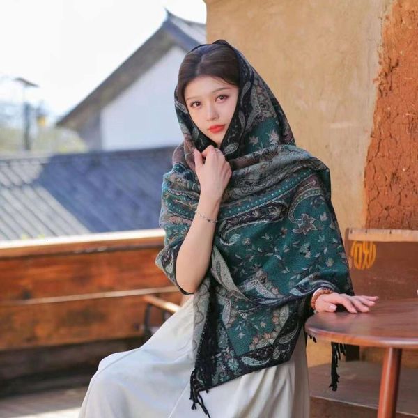 

spring and autumn travel retro wraps ethnic style jagged tassel scarf for women summer all matching elegant air, Blue;gray