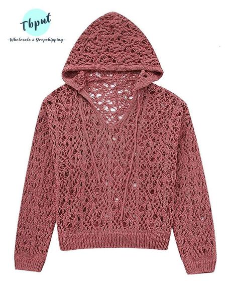 

women's hoodies sweatshirts hollow out knitted hooded sweatshirt women solid long sleeve laceup spliced sweater soft cozy highstreet pu, Black
