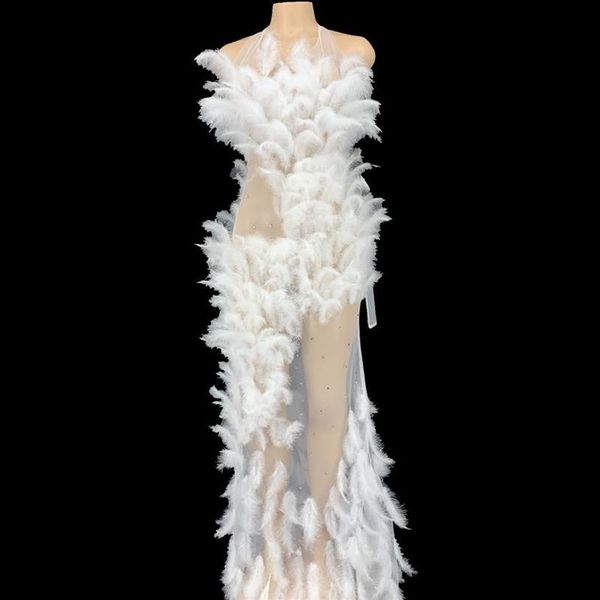 

stage wear rhinestoness see through mesh white feathers long dress women evening wedding birthday party dresses singer clothe281t, Black;red