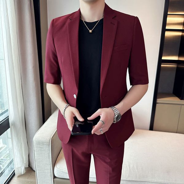 

men's suits blazers jacketpants stylish summer halfsleeve solid color slim fit casual business suit wedding groom tuxedo ternos 230824, White;black