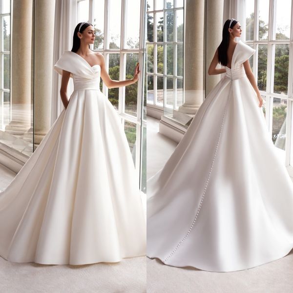 

one shoulder satin wedding dress button back pleats bridal gowns custom made vestidos de novia, White