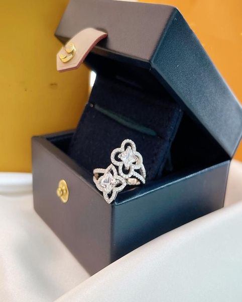 

luxury brand designer ring les ardentes sterling silver crystal four leaf clover double flower charm open ring with box for wo3269055, Golden;silver