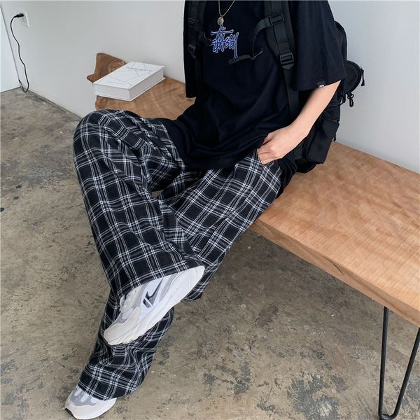 

summer winter plaid pants men s-4xl casual straight trousers for male/female harajuku hip-hop pants wide leg loose plus size, Black
