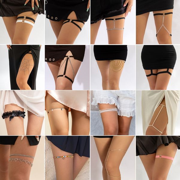 

european and american designer womens jewelry silver chain spicy girl elastic band lace beach leg loop body chain sweet cool rhinestone tass, Red;blue