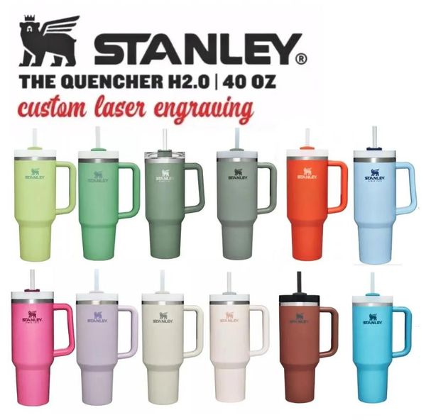 

stanley logo h2.0 40oz stainless steel tumblers cups with silicone handle lid and straw 2nd generation pink car vacuum insulated water bottl