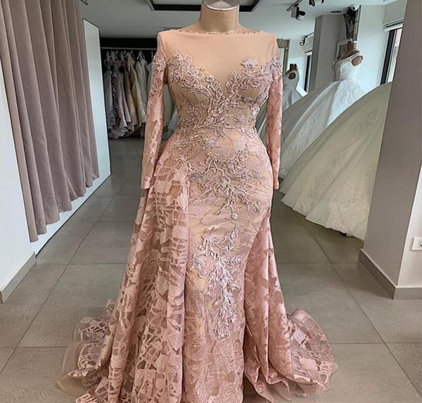 

vintage blush mermaid prom pageant dresses with long sleeve 2020 jewel neck lace beaded sheer neck trumpet arabic occasion evening4003200, Black