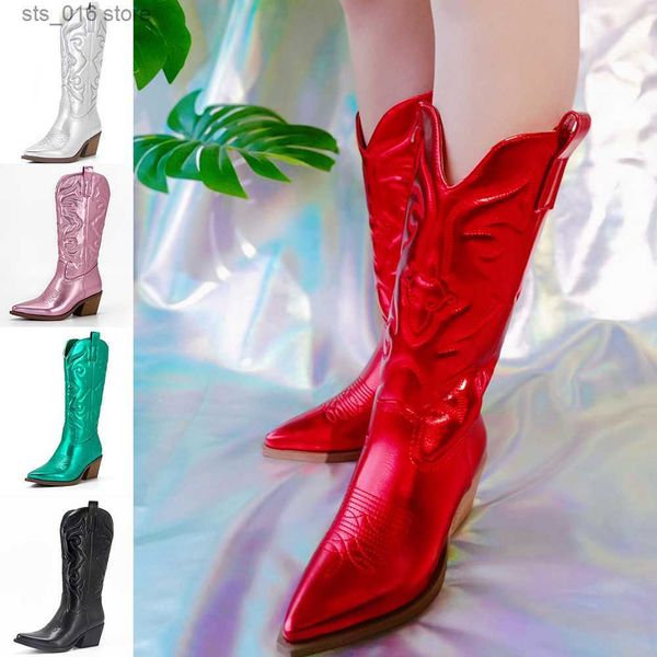 

boots autumn winter 2022 women's western mid calf boots modern chunky heels retro cowboy cowgirl booties vintage shoes for woman t23082, Black