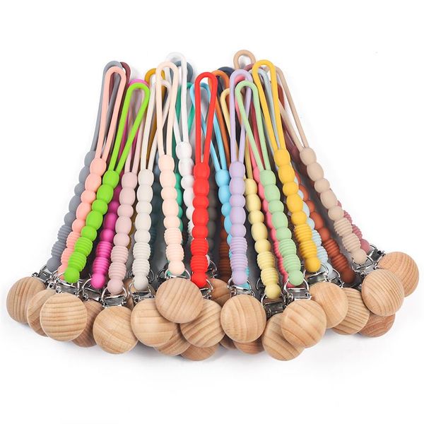 

baby silicone beads pacifier clips food grade dummy nipple holders chain with wooden clip for babies multi color