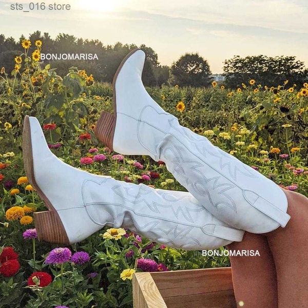 

boots white cowboy boots cowgirls boots for women embroidery stacked heel pointed toe pull on western knee high boots shoes woman t230824, Black