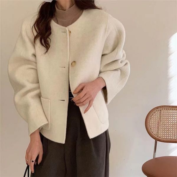 

womens wool blends european and american street fashion women oneck minimalist loose woolen coat jackets for women winter autumn 230824, Black