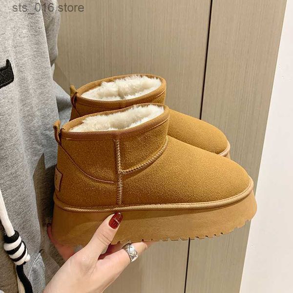 

boots 2023 genuine sheepskin mini snow boots women luxury boots winter women boots lining ankle warming flats botas mujer t230824, Black