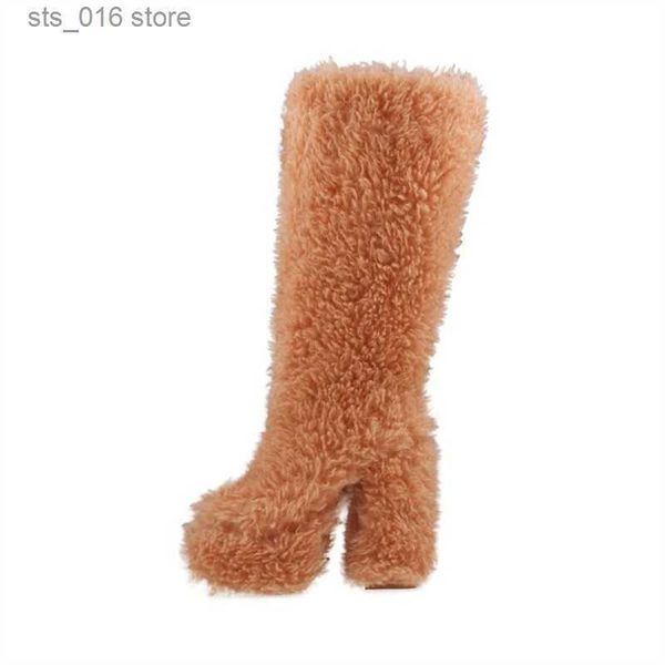 

boots novelty plush women's knee high boots round toe chunky heels platform boots for women fashion big size long hair botas femininas, Black