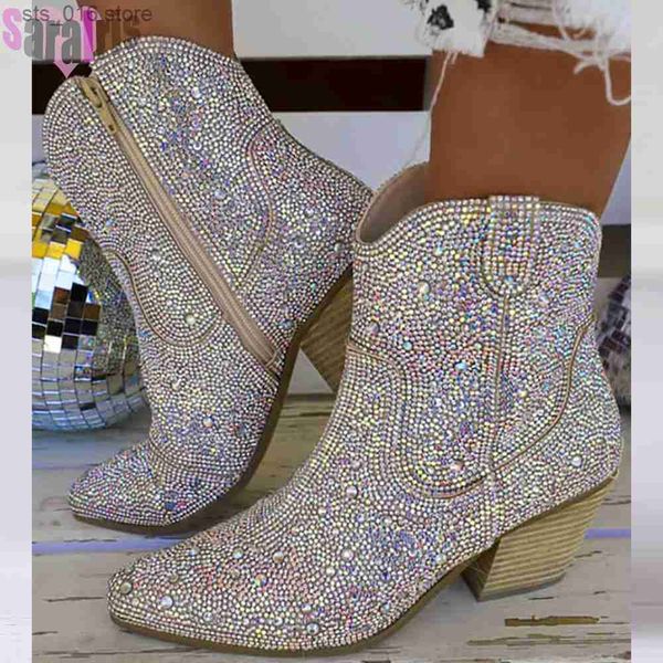 

boots 2023 rhinestone decor zipper design boots for women chunky heel fashion trendy crystals cowboy boots glitter shoes woman t230824, Black