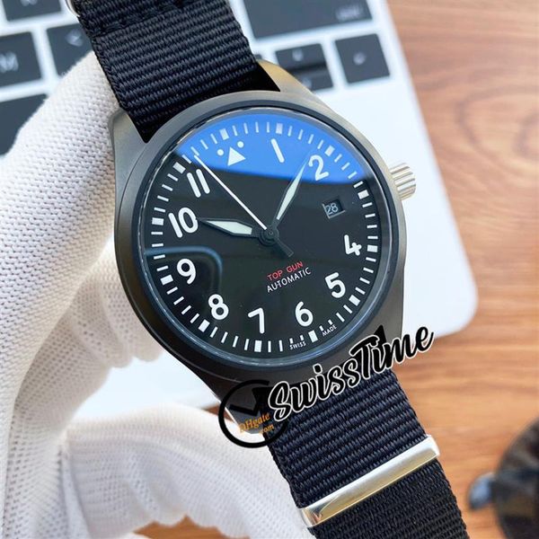 

new naval air combat force iw326901 miyota 8215 automatic mens watch black dial pvd black steel case nylon strap watcehs swis220m, Slivery;brown