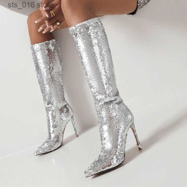

boots ladies' new sequined knee boots fashion pointed toe stiletto boots european and american nightclub party fashion boots t230824, Black