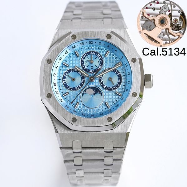 

12 styless luxury mens eta watch cal.5134 movement 41mm 26574 904l stainless steel silver case blue dial waterproof automatic watches with b, Slivery;brown