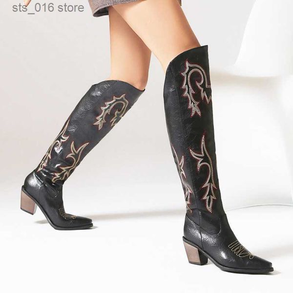 

boots 2023 mbroider western cowboy boots for women high heels over the knee boots ladies pointed toe chunky heel cowgirl boots t230824, Black