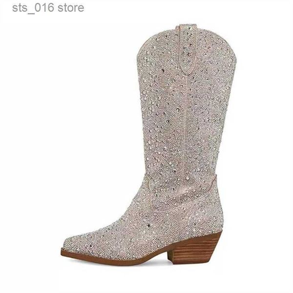 

boots rhinestone women's high boots pointed toe slip-on long boots women female shoes chunky heels women cowboy botas femininas 2023 t2, Black