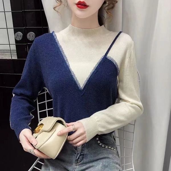 

women's sweaters sweater autumn and winter half high neck long sleeve knitwear lace panel fashion loose for women 230824, White;black