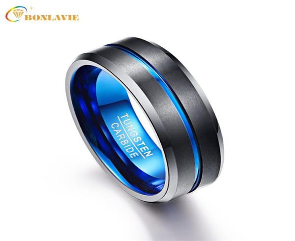 

men ring 100 tungsten carbide anillos para hombres 8mm high polishing blue black wedding bands pierscienie t1906244975987, Silver