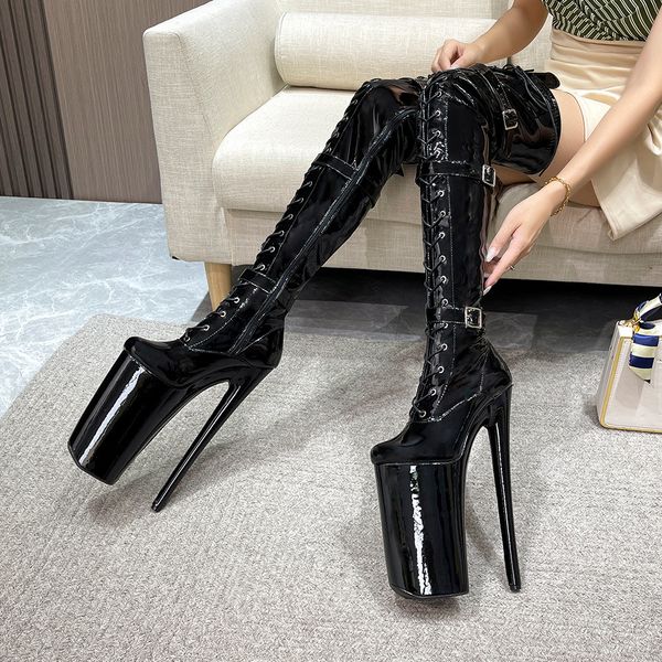 

boots 26cm10inches super high heels long boot pole dance stripper gothic platform shoes lace up fetish thigh strappy women 230824, Black