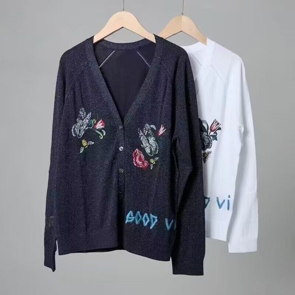 

women's knits tees 2023 spring and summer women twocolor butterfly floral letter embroidery cardigan 230824, White