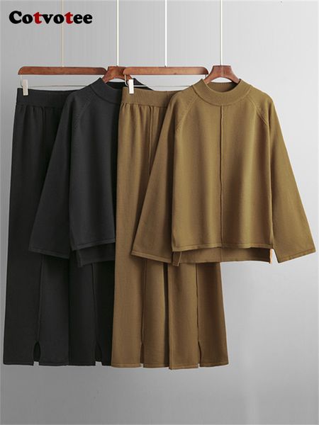 

women's two piece pants cotvotee knitted 2 sets outfits 2023 fashion casual long sleeve loose chic high waisted split pant 230824, White