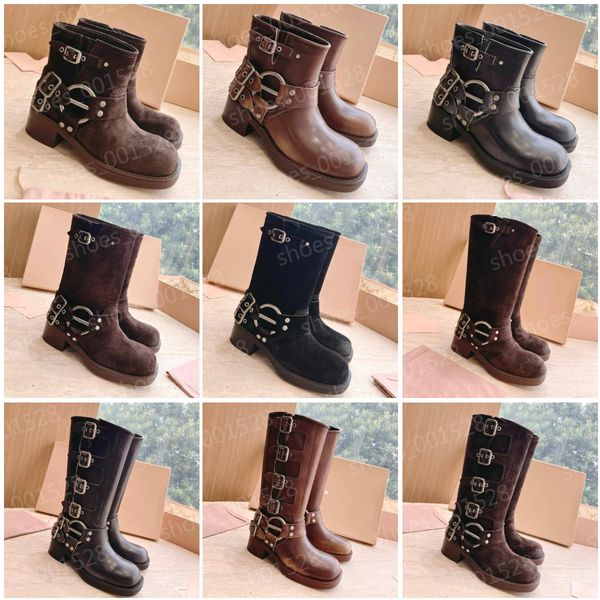 

miu designer luxury cowboy boots harness belt buckled cowhide leather biker knee boots chunky heel zip knight boots fashion square toe ankle, Black