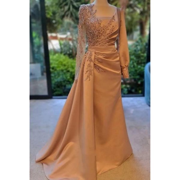

dusty champagne long sleeves prom dress floral satin evening party dress with side sweep train zipper back robe de soiree, Black