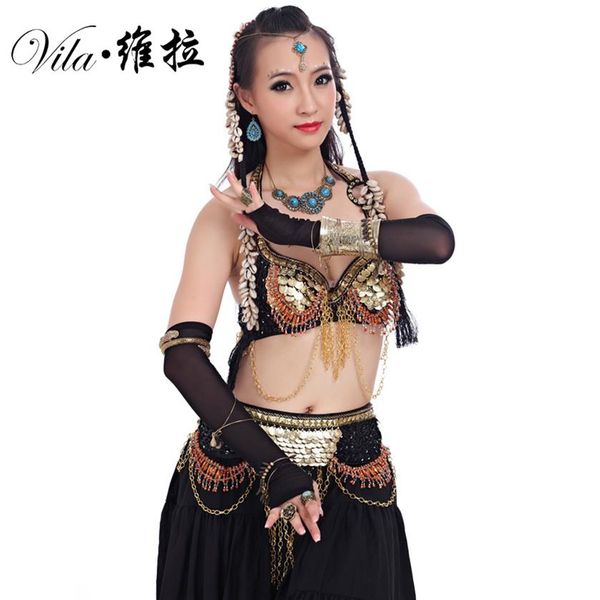 

women tribal belly dance wear 2pieces outfit set antique bronze beads bra belt skirts gypsy dance costumes252q, Black;red