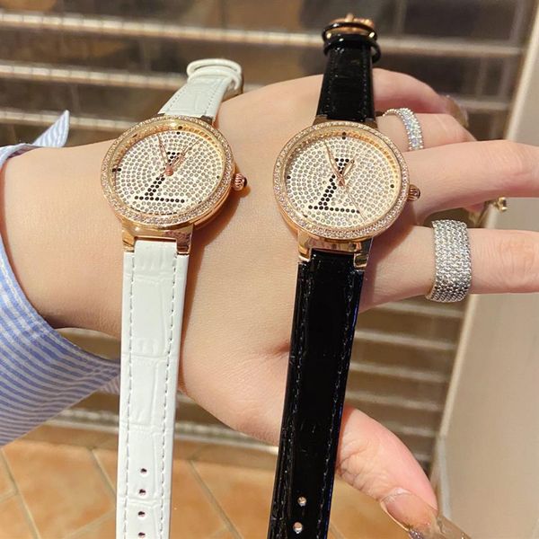 

fashion full brand wrist watches women ladies girl crystal big letters style luxury leather strap quartz clock l86243c, Slivery;brown