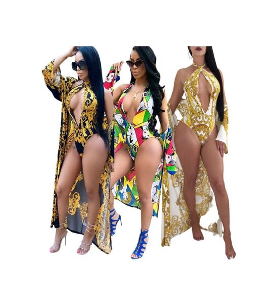 

women summer bikini set swimsuit printed one piece swimwear and long sleeve beach cover up swimsuits high waist two pieces sets pl1188269, White;black