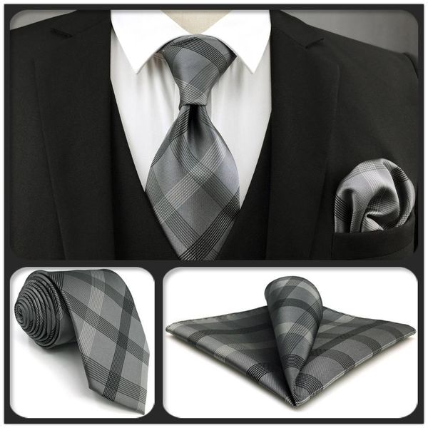 

neck ties s1 long for men hanky set checked black dark gray plaids neckties silk wedding classic skinny 230824, Blue;purple
