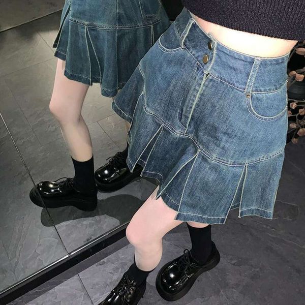 

waisted pleated denim skirt for women summer design a line short, Black