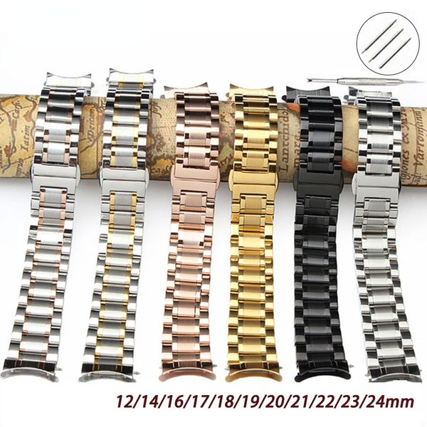 

watch bands 12mm 13 14mm 15 16mm 17mm 18 19mm 20mm 21mm 22 23mm 24mm curved end watch band full stainless steel wrist strap butterfly buckle, Black;brown