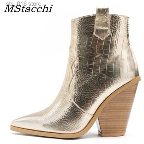 

boots mstacchi gold snake print ankle boots for women wedge high heels boots woman runway design chunky heels botas mujer western boot t2308, Black