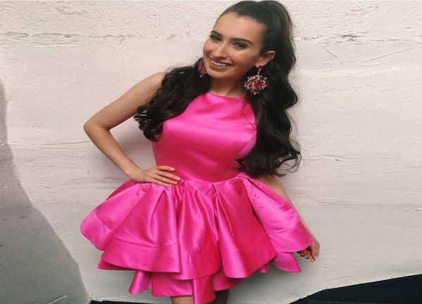 

simple yellow satin short homecoming dresses jewel neck sleeveless tiered ruffles plus size prom dresses party dresses zipper up5886365, Blue;pink