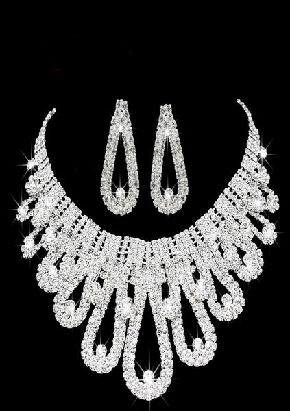 

romantic pearl designer jewelry with crystal two pieces earrings necklace rhinestone wedding bridal sets jewelry set5600625, White