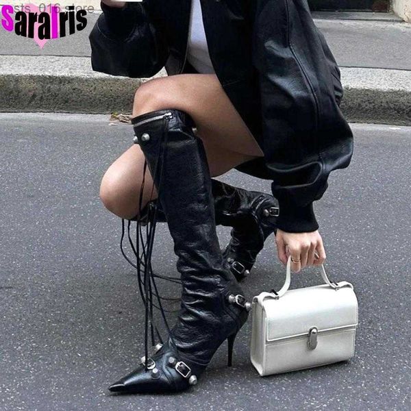 

boots brand design party knee high boots women pointed toe luxury stilettos high heels booties female vintage metal shoes woman t230824, Black