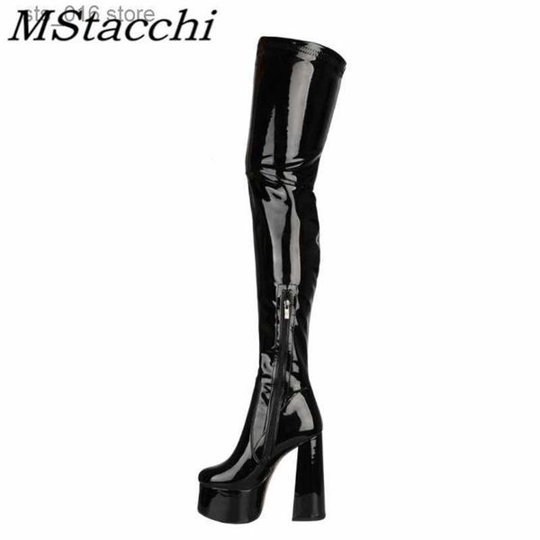 

boots mstacchi women thigh high boots glisten patent leather high platform boots solid color high heels shoes women's high boots t23082, Black