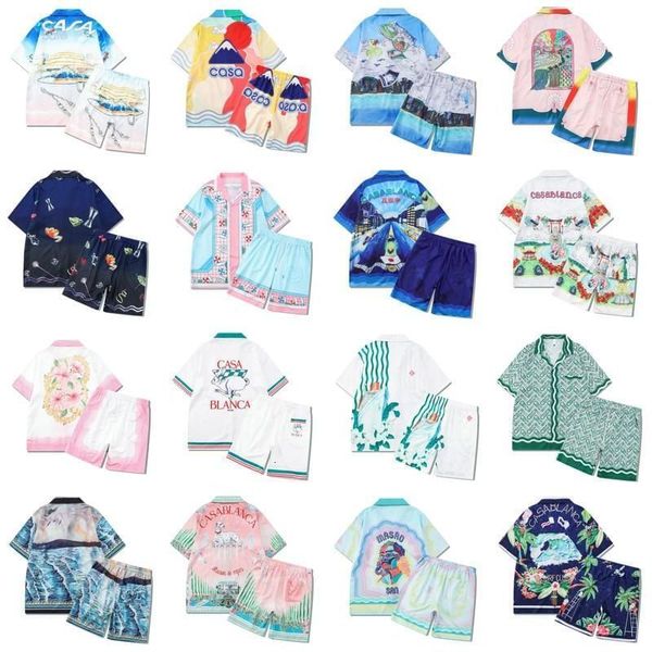 

men's dress shirts summer casablanca shirt set collection green wave twill full print short sleeved causal loose hawaiian shirt for me, White;black