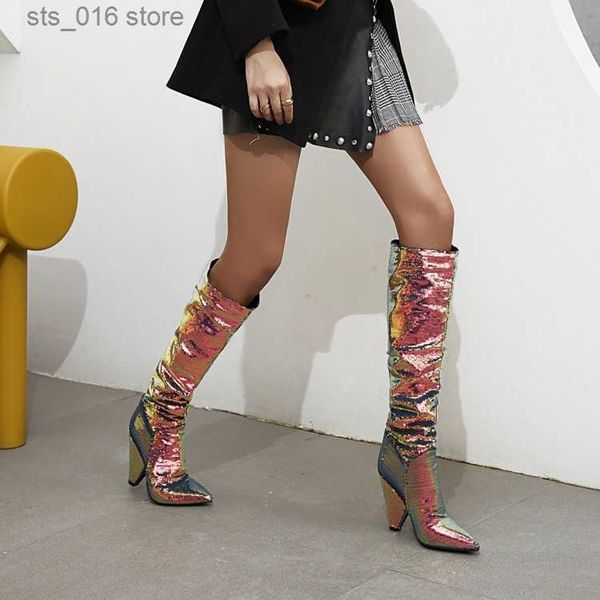 

boots ribetrini pointed toe high heels knee high boots for women glitter sequined pleated dress wedding multicolor white women's boots, Black