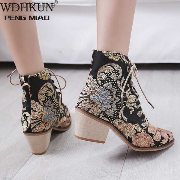 

boots retro bohemian women boots printed ankle vintage motorcycle booties ladies shoes woman 2021new embroider high heels boots t230824, Black