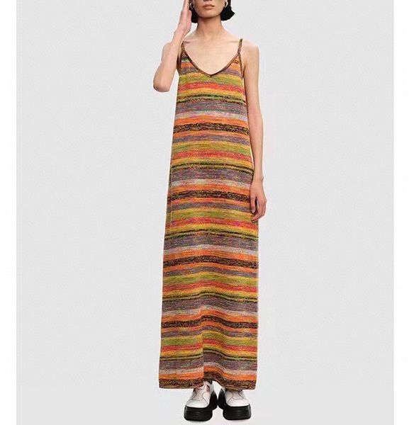 

women's dress rainbow striped knitted strap dress, Black;gray