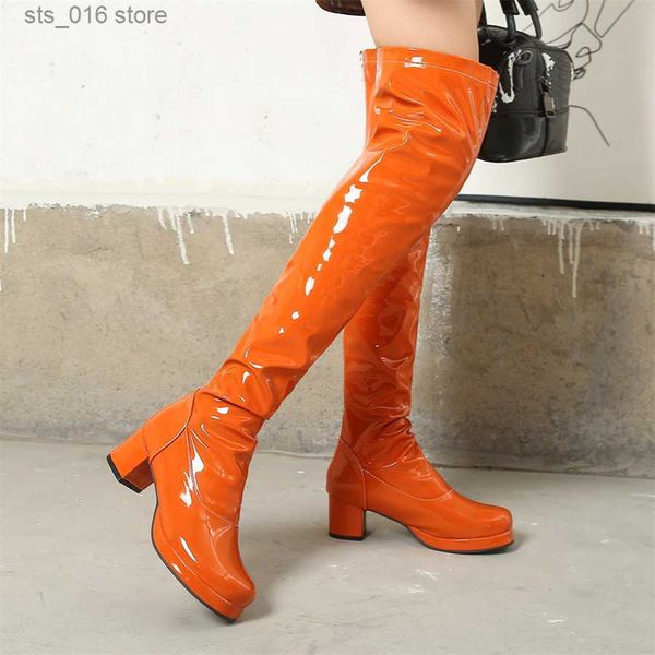 

boots over the knee boots women 2023 candy colors green yellow fashion patent leather waterproof style long boots with high heels t230824, Black