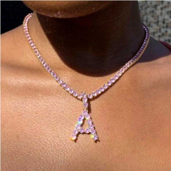 

pendant necklaces bling iced out rhinestone tennis chain letter necklace for women luxury pink crystal initial choker jewelry 230613, Silver